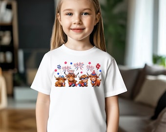 4th of July Kids T-Shirt, Funny Independence Day Tee, 4th July Cow Lovers Shirt, Highland Cow Youth Shirt, American Flag Tee
