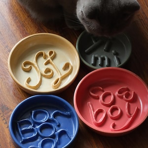 Puede incluir: Cuatro cuencos de cerámica para mascotas en varios colores: amarillo, gris, rojo y azul. Cada cuenco tiene un diseño único en el centro. Un gato gris es parcialmente visible, interactuando con los cuencos. Los cuencos están sobre una superficie de madera.