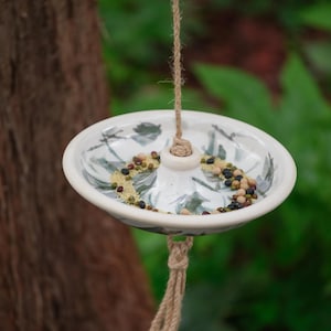 Ceramic Hanging Bird Feeder with Abstract Leaf Design & Jute Rope Hanger, Handmade Garden Decoration