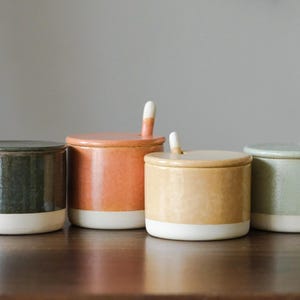 Handmade Ceramic Condiment Jar with Spoon – Salt Cellar or Sugar Pot with Lid, Japandi Kitchen Decor, Pastel Rainbow Pottery Spice Jar