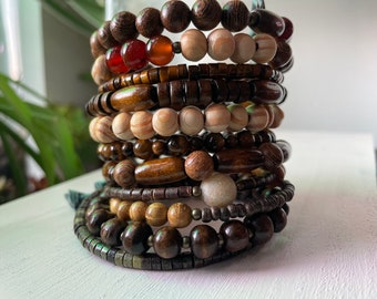 Feral: TEN tiers. Stacked wood, stone, agate fragrance diffuser bracelet. Memory wire. One piece. Fits anybody.