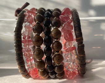 Candy Rock: Seven tiers. Stacked wood, watermelon crystal fragrance diffuser bracelet. Memory wire. One piece. Fits anybody.