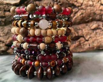 Children of Mars: TEN tiers. Stacked wood, sea glass, gemstone, crystal fragrance diffuser bracelet. Memory wire. One piece. Fits anybody.