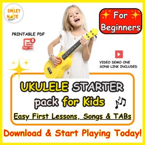 Op de afbeelding: Een jong meisje houdt een gele ukelele vast, onderdeel van een "Ukelele Starterpakket voor Kinderen". De afbeelding bevat de tekst "Voor Beginners", "Eenvoudige Eerste Lessen, Liedjes & TAB's" en "Download & Begin Vandaag met Spelen!". Een afdrukbare PDF is ook inbegrepen.