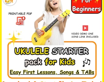 Beginner Ukulele STARTER Lessons pack for Kids -  Easy Tabs, 1st Lesson Presentation ( incl. demo VIDEO link), Printable PDF | 6 Fun Songs.