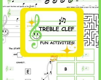 Treble Clef Activities – Fun-Packed of Music Note Activities, Spelling Games, Flashcards, Note Tracing, Note Colouring for Kids! PDF