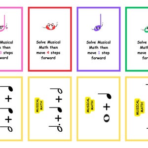 Puede incluir: Cuatro tarjetas de colores con notas musicales e instrucciones para resolver problemas de matem&aacute;ticas musicales y avanzar un cierto n&uacute;mero de pasos. Debajo hay cuatro tarjetas amarillas con notas musicales y s&iacute;mbolos matem&aacute;ticos.