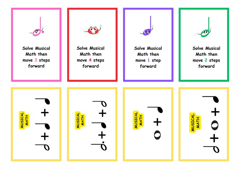 Puede incluir: Cuatro tarjetas de colores con notas musicales e instrucciones para resolver problemas de matem&aacute;ticas musicales y avanzar un cierto n&uacute;mero de pasos. Debajo hay cuatro tarjetas amarillas con notas musicales y s&iacute;mbolos matem&aacute;ticos.