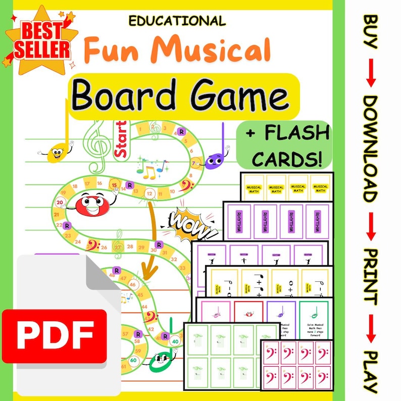 Puede incluir: Una descarga PDF colorida para un divertido juego de mesa musical con tarjetas flash. El tablero de juego presenta un camino de notas musicales con un personaje rojo, amarillo y verde. Las tarjetas flash incluyen notas musicales, ritmos y matem&aacute;ticas musicales.