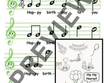 Happy Birthday - Muzieknoten in solsleutel| Kleurplaat - bladmuziek - smiley