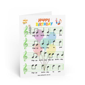 Tarjetas de felicitación de cumpleaños con notas musicales, diseño colorido y divertido, celebraciones de cumpleaños, invitaciones para fiestas, saludos divertidos.