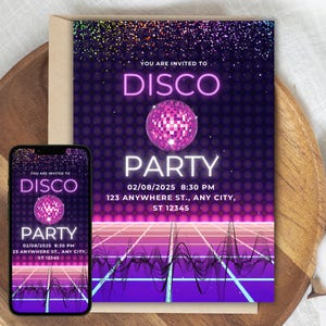Invitation à une soirée disco modifiable – Modèle d'invitation sur le thème des années 80, rose fluo, violet – Téléchargement numérique imprimable pour anniversaire rétro pour soirée dansante.