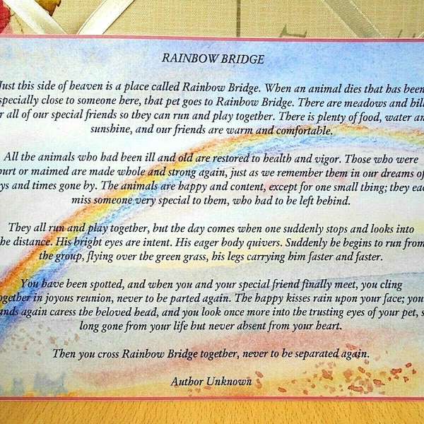 Rainbow Bridge Poem Large Frameable Print Card Pet Loss Dog Cat Sympathy Pink or Green Border