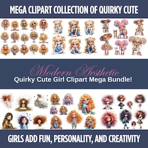 100+ schrullig süße Mädchen Clipart Mega Bundle | Aquarell Sublimation PNG Set | 100+ skurrile Designs für DIY-Projekte, Merch & Decor