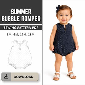 Puede incluir: Un pelele abombachado azul marino con lunares blancos es usado por un bebé sonriente. El pelele tiene cuello en V y cierre de botón. La imagen también muestra un patrón de costura PDF con el texto "SUMMER BUBBLE ROMPER" y tallas 3M, 6M, 12M, 18M.