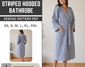 Randig badrock med huva, sömnadsmönster i PDF-format, unisex morgonrock XS–XXL, direkt nedladdning, A4- och plotterfiler, gör-det-själv-mönster för mysiga spa-loungekläder
