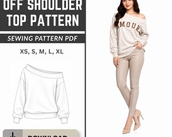 Off Shoulder-topp i PDF-sömnadsmönster, överdimensionerad lös tröja, mönster för enaxlad tröja XS XL, direktnedladdning