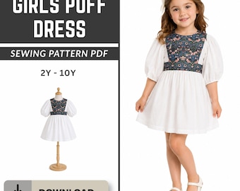 Mönster för A-linjeklänning för babyflicka i PDF-format, klänning med puffärmar och ok, barnstorlekar 2-10 år, direktnedladdning