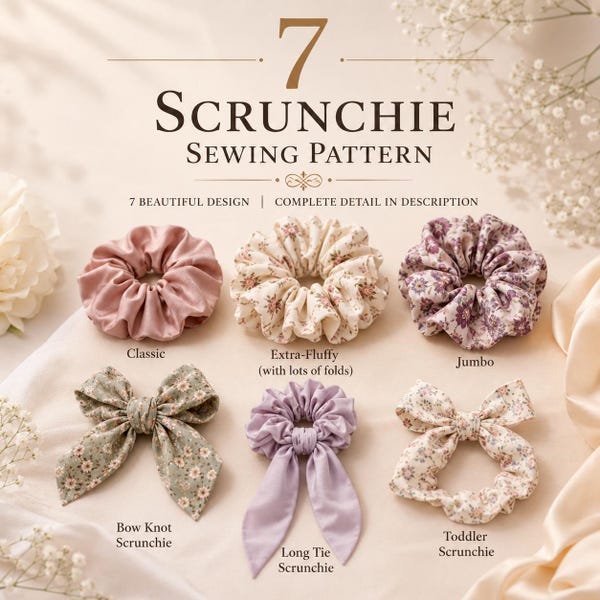 Easy Scrunchie Sewing Pattern PDF, 7 Scrunchie Styles, Beginner Sewing Tutorial, Classic Bow Bunny Ears Scarf Hair Tie Pattern