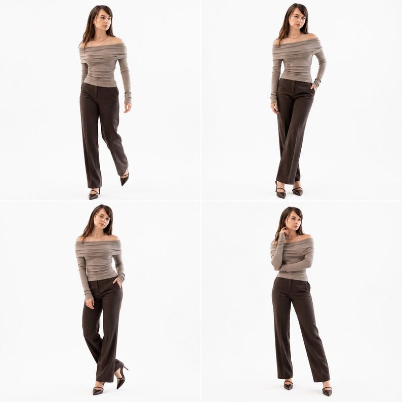 Pu&ograve; includere: Quattro immagini di una persona che indossa un top color talpa con spalle scoperte e maniche lunghe e pantaloni marrone scuro. I pantaloni sono a gamba dritta. La persona indossa tacchi neri. Lo sfondo &egrave; bianco.