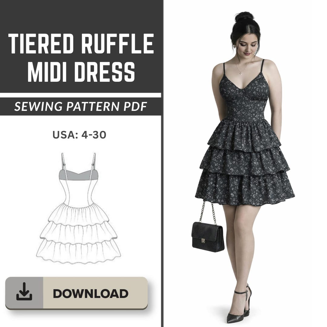 Tiered Ruffle Midi Dress Sewing Pattern PDF | Instant Digital Download ...