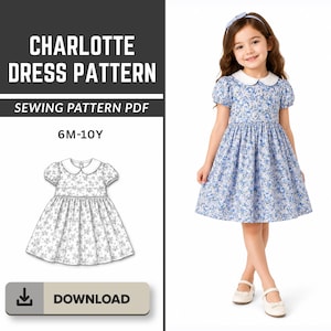 Könnte beinhalten: Ein digitales Schnittmuster für das Charlotte-Kleid mit blau-weißem Blumenmuster, weißem Bubikragen und Puffärmeln. Das PDF-Schnittmuster umfasst die Größen 6M-10Y, eine technische Strichzeichnung und einen Download-Button.