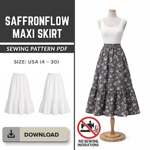 May include: A Saffronflow maxi skirt sewing pattern PDF for sizes USA 4-30. The image displays a white tank top paired with a dark gray floral print skirt featuring a ruffled hem, alongside two plain white skirt versions and a download button.