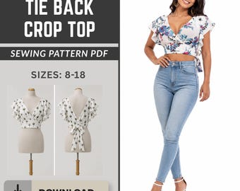 Flutter Sleeve Tie Back Wrap Crop Top Sewing Pattern PDF, Women's Summer Blouse Digital Download, Sizes 8-18, Projector A0