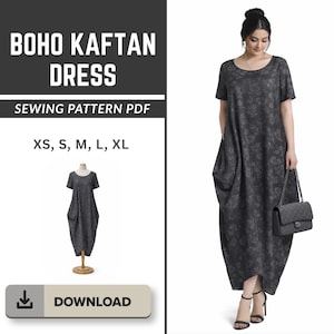 Boho Kaftan Dress Sewing Pattern: Loose Fit Maxi |Digital Download