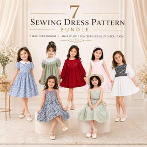 May include: A digital bundle of 7 sewing dress patterns for children in sizes 2Y-10Y. The image displays seven different dress styles featuring various floral prints, solid colors, puff sleeves, collars, and embroidery, presented as a collection.