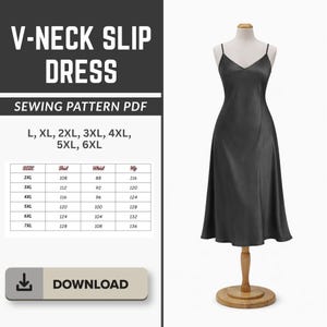Könnte beinhalten: Ein schwarzes V-Ausschnitt-Slip-Kleid-Schnittmuster-PDF. Das Kleid wird auf einer Schaufensterpuppe präsentiert. Das Bild enthält eine Größentabelle mit Brust-, Taillen- und Hüftmaßen in Zentimetern für die Größen 2XL bis 7XL.