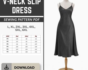 Slipklänning med V-ringning, sömnadsmönster i PDF-format, plus size | Direkt digital nedladdning