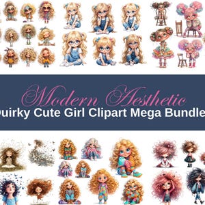 100+ Quirky Cute Girl Clipart Mega Bundle | Watercolor Sublimation PNG Set | 100+ Whimsical Designs for DIY Projects, Merch & Decor