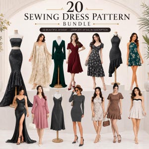 May include: A digital bundle of 20 sewing dress patterns featuring various styles including floor-length gowns, wrap dresses, midi dresses, and mini dresses in diverse colors like black, green, burgundy, and floral prints displayed on mannequins.