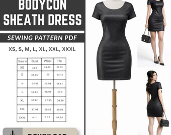 Kortärmad bodycon-klänning, sömnadsmönster i PDF-format, elegant, åtsittande midiklänning, rundad pennklänning XS-XXXL, direkt nedladdning