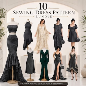 May include: An image showcasing ten dress patterns, with a variety of styles including a two-piece set, a halter dress, and a flowing gown. The dresses are displayed on mannequins and models. Text reads "10 Sewing Dress Pattern Bundle".
