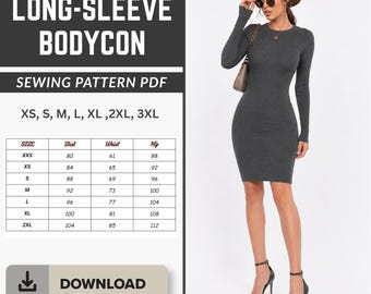 Long Sleeve Bodycon Mini Dress | Sewing Pattern PDF | Instant Digital Download