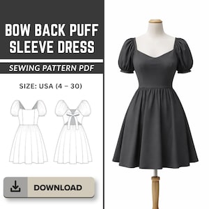 Op de afbeelding: Een donkergrijze jurk met pofmouwen en een strikrugontwerp, weergegeven op een mannequin. De afbeelding bevat een naaipatroon PDF met de tekst "BOW BACK PUFF SLEEVE DRESS" en "SEWING PATTERN PDF". De maatvoering is USA (4-30).