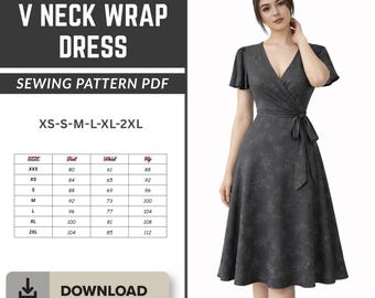 Midi Wrap Dress Sewing Pattern | Linen Surplice Style | PDF Pattern | Digital Download