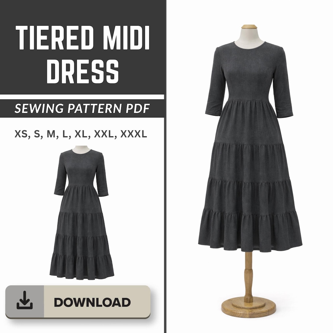 Tiered Midi Dress Sewing Pattern PDF | Gathered Easy Fit Dress ...