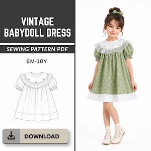 Girls Ruffle Yoke Puff Sleeve Babydoll Dress Sewing Pattern PDF, Vintage Scalloped Collar Kids Dress, Instant Download