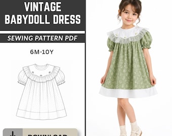 Babydollklänning med volang och puffärm, sömnadsmönster i PDF-format, barnklänning med vintageutsmyckning och vågig krage, direktnedladdning