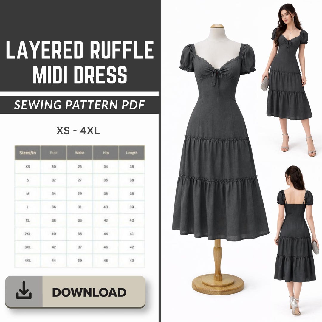 Layered Ruffle Midi Dress PDF Sewing Pattern | Instant Digital Download ...