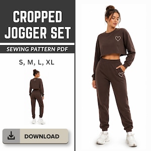May include: A dark brown cropped jogger set sewing pattern PDF in sizes S, M, L, XL. The set includes a long-sleeve cropped sweatshirt and matching joggers, both featuring a small white heart outline graphic. Text includes CROPPED JOGGER SET, SEWING PATTERN PDF, S, M, L, XL, and DOWNLOAD.