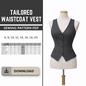 Op de afbeelding: Een op maat gemaakt grijs vest naaipatroon PDF. Het vest wordt weergegeven op een mannequin. De afbeelding bevat maatvoering en een downloadknop. Het vest heeft een V-hals, knopen en zakken.