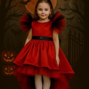 Halloween Vampire Dress for Girls | Gothic Princess Gown with Train | Black or Red Tulle | Witch Costume | Gothic Party Dress Toddler