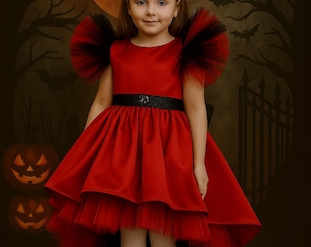 Halloween Vampire Dress for Girls | Gothic Princess Gown with Train | Black or Red Tulle | Witch Costume | Gothic Party Dress Toddler
