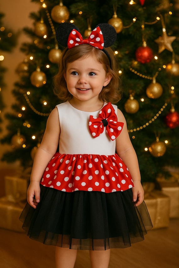 red minnie mouse christmas dress Minnie Mouse Dress for Girl, Red Polka Dot Tutu Dress, Black Tulle Skirt