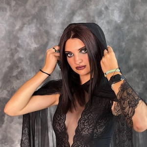 Gothic Witch Cape with Hood | Black Halloween Cloak for Women | Floor-Length Mesh Cape | Black Hooded Vampire Cape