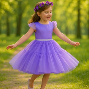 May include: A young girl in a lavender dress with a layered tulle skirt and a silver belt. She wears a matching flower crown. The dress has short sleeves and a fitted bodice. The background is a blurred green outdoor scene.